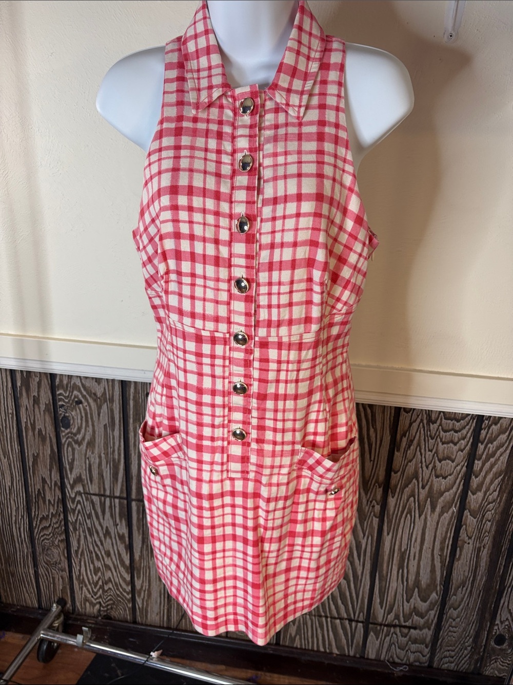 Maeve Pink and Cream Plaid Sleeveless Button-Front Romper